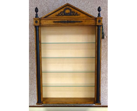 Vintage Neo-Classical Style Hanging Open Display Cabinet. 4 Glass Shelves, Fruitwood Finish with Ebonized Elements. Unsigned.