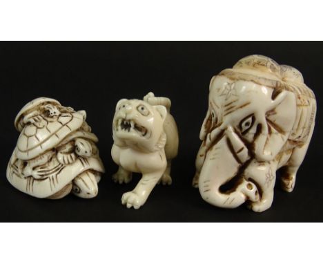 Lot of Three (3) Japanese Carved Ivory Figural Animal Netsukes. This Lot Includes an Elephant "box", Stacked Turtles, Cat. Un