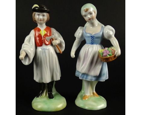 Two Vintage Herend Porcelain Hungarian Folk Peasant Figurines. A Boy with an Axe 5503 and a Girl with a Basket of Flowers 550