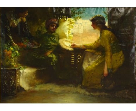 19/20th Century Continental Oil on Canvas in the style of Hans Zatzka Vienna, Austria (1859-1949), "Orientalist Interior Scen