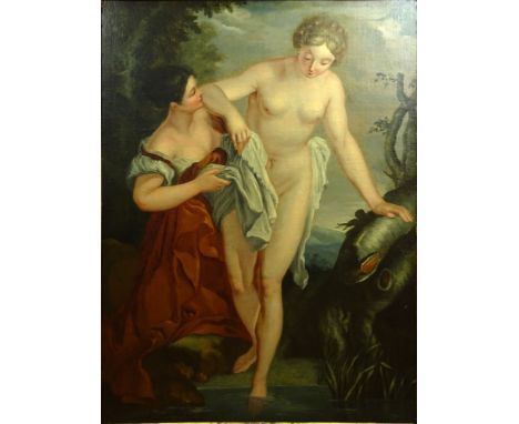 after: Francois Lemoyne, French (1688-1737) Oil on Canvas "Iris Au Bain" Unsigned. Craquelure, Scuffs Upper Left. Measures 42