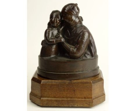 20th Century French Bronze "Mother and Child" Signed L. Pineau (Listed in Benezit) On Wood Base. Good Condition. Measures 9-1
