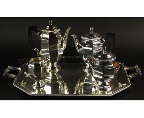Christofle Five (5) Piece Silver Plate Coffee Service. Ebonized Wood Handles. This Lot Includes, Coffee pot, Tea Pot, Covered