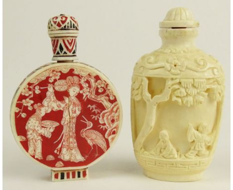 Lot of Two (2) 19/20th Century Chinese Carved Ivory Snuff Bottles. Signed. One with Hairlines or in Good Condition. Measures 