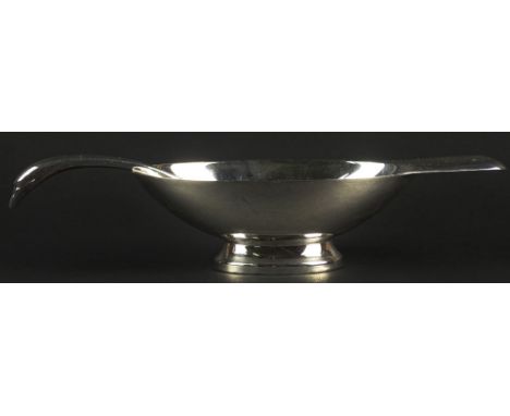 Christofle Silver Plate Art Deco Inspired "Swan" Sauce Boat and Ladle. Signed Christofle France. Minor Pitting on Both Pieces
