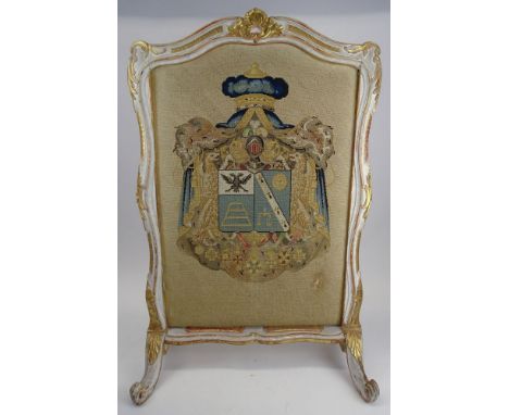 French Late 18th Century Louis XVI Carved, Painted and Parcel Gilt and Needlepoint Fire Screen. Unsigned. Wear and Rubbing, s