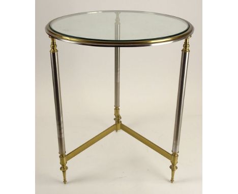 Vintage Glass, Brass and Steel Occasional Table. Unsigned. Good Condition. Measures 25 Inches Tall, 21 Inches Diameter. We wi