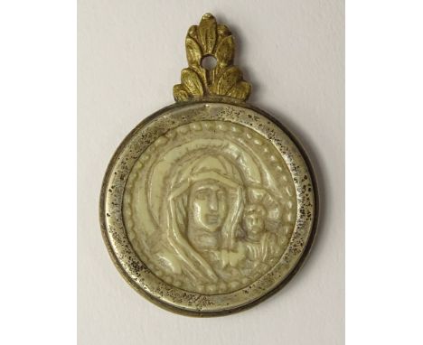 15/16th Century Russian Carved Ivory Pendant Icon "Virgin and Child" in Silver and Gilt Metal Pendant. Unsigned. Antique Cond