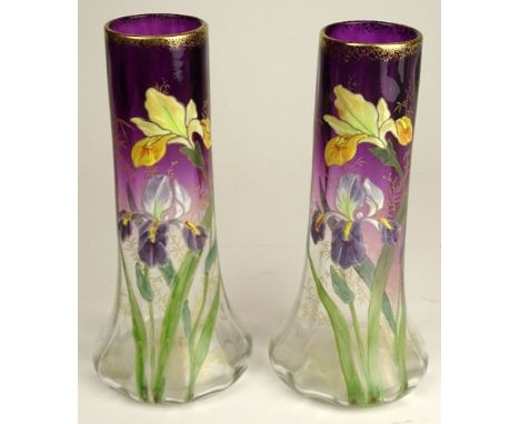 Pair of Art Nouveau Possibly Mont Joye Hand Painted Glass Vases. Beautiful Irises Motif on Purple to Clear Ground. Pontil Bot