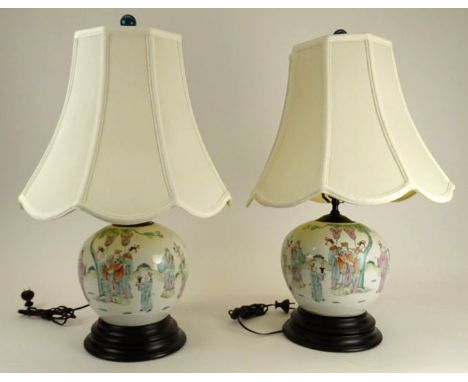 Pair of Chinese Republic Period Hand Painted Porcelain Ginger Jars as Lamps. Unsigned. Good Condition. Jars Measure 7-1/2 Inc