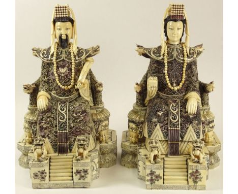 Pair of Chinese Carved and Veneered Walrus Ivory or Marine Ivory Seated Emperor and Empress Figures. Signed to Base. Good Con