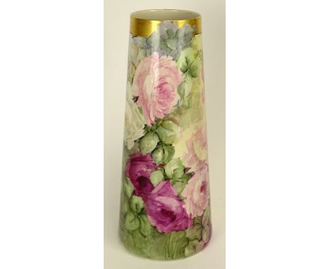 Antique Belleek Willets Porcelain Floral Design Tall Vase. Graduated Vase Gold accent top with Beautiful Purple, Pink &amp; W