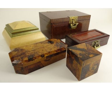Collection of Five (5) Wood Boxes, Two with Crackled Veneer, one Burled Wood, 2 Chinese Trunk Style Boxes with Locks (one Key