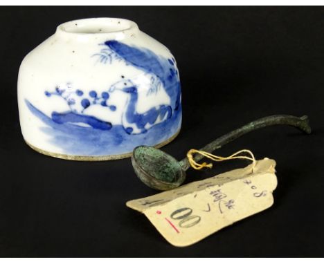 Antique Chinese Porcelain Water Coupe. Blue and White Landscape Motif. Includes Ladle. Losses to Bottom Edge, Wear Consistent