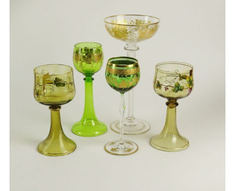 Lot of Five (5) Hand Painted Vintage German Roemer Goblets. Various Sizes and Motifs. Unsigned. One Amber Colored Glass With 