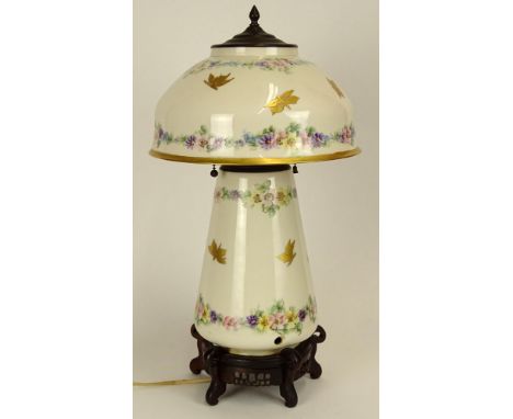 Antique Belleek Willets Porcelain Lamp &amp; Lamp Shade. Decorated with Spring Flowers and Gold Butterflies Set on Pierced Wo