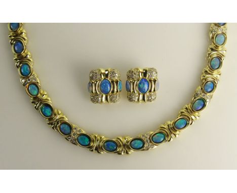 Lady's Vintage Heavy 18 Karat Yellow Gold, Opal and Diamond Necklace and Earring Suite. Signed CDL 18K. Very Good Condition. 