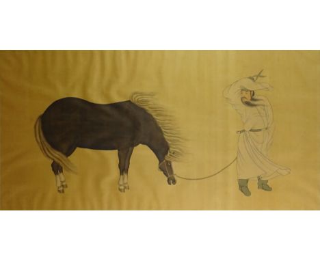 Large Antique Chinese Hand Painting on Silk. "Man With Horse" Fabric Borders. Unsigned. Good Condition. Framed Under Glass. T