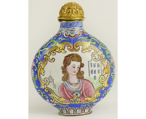 20th Century Chinese Hand Painted Snuff Bottle. Modeled after A Beijing Enamel "European Subject" Snuff Bottle. Signed. Good 