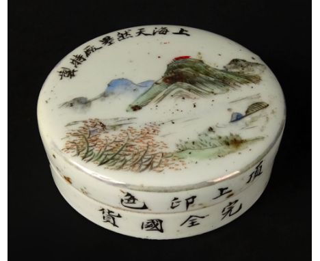 Antique Chinese Porcelain Miniature Lidded Box. Hand painted Landscape Scene as well as Calligraphy motif. Stamped with Blue 