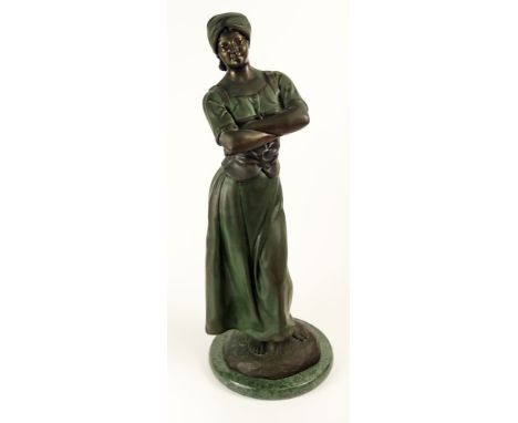 Modern Russian Bronze On Marble Base "Russian Woman With Arms Folded" Signed Lanceray in Cyrillic. Green Brown Patina. Good C