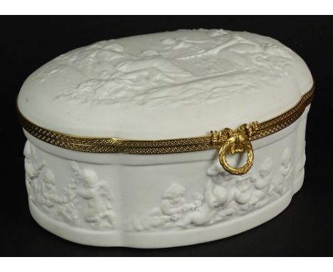 Vintage Limoges Bisque Brass Mounted Vanity Box. Classic Scenes in Relief. Signed Limoges France. Good Condition. Measures 3-