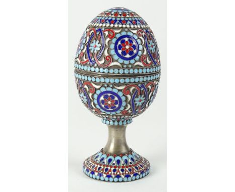 20th Century Russian Champlevé Enamel Silver Pedestal Egg Box. Signed 84 and Maker's Mark MP. Good Condition or Better. Measu