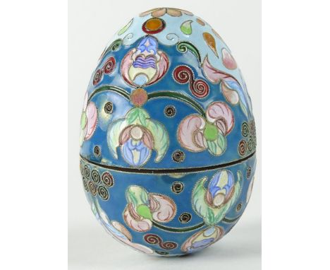 20th Century Russian Champlevé Enamel Silver Egg Box. Signed 84 and Maker's Mark PO. Good Condition or Better. Measures 2-3/4