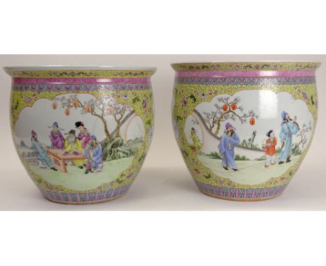 Pair of Mid Century Chinese Hand Painted Porcelain Jardinières. Unsigned. Both with Hairline Cracks. Measures 13-1/2 Inches T