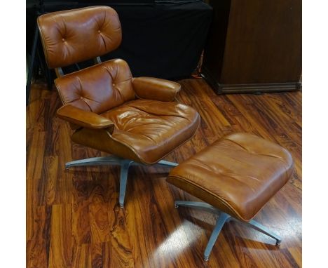 Vintage Eames Style Chair and Ottoman by Charlton &amp; Co. Label on Bottom. Wear from use and age. Scuffs. Measures 38 Inche