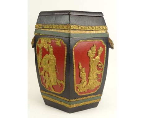 Large Vintage Lacquered Wood Asian Tea Caddy. Figural Motif. Unsigned. Light wear or in Good Condition. Measures 16 Inches Ta