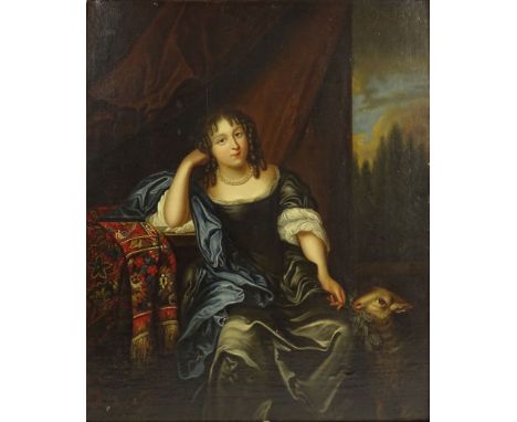 follower of: Caspar Netscher, Dutch (1639-1684) Oil on Canvas : Portrait of a Lady with a Lamb at Her Side" Unsigned. Small d