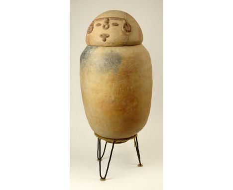 Pre-Colombian Terra Cotta Funeral Urn. Egg Shaped Body with Stylized Human Head Lid. Possibly circa 900-1525 ad. The Lid With