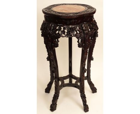 Antique Chinese Carved Hardwood Pedestal Table with Marble Inset Top. Nicely Carved in Floral and Figural Motif. Good Conditi