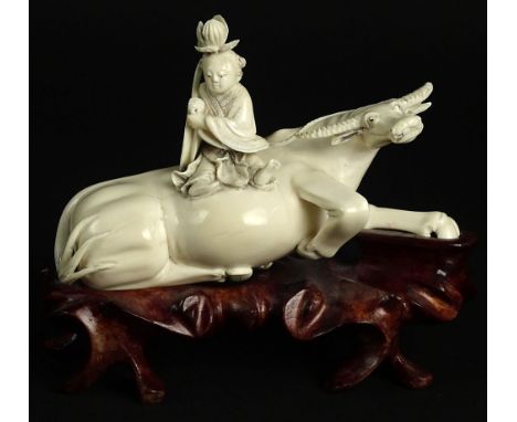 Antique Chinese Carved Ivory Figure on Hardwood Stand. "Recumbent Ox With Figure. Signed on Bottom with Calligraphy Marks. Ty