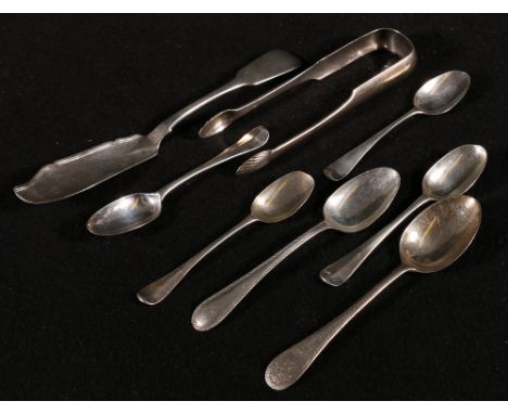 Silver sugar tongs, Edinburgh 1816, a butter knife, Exeter 1858 and six Georgian and other teaspoons (8)