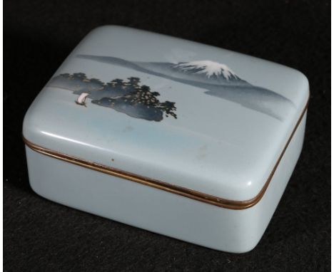 Wireless cloisonne box of rounded rectangular form,. the blue grey ground decorated with a scene of a boat by Mount Fuji, sil