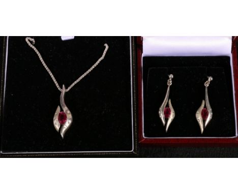 Silver diamond and pink sapphire pendant, by maker OE, on a silver chain, in a Clarkson of Edinburgh box, and a pair of earri