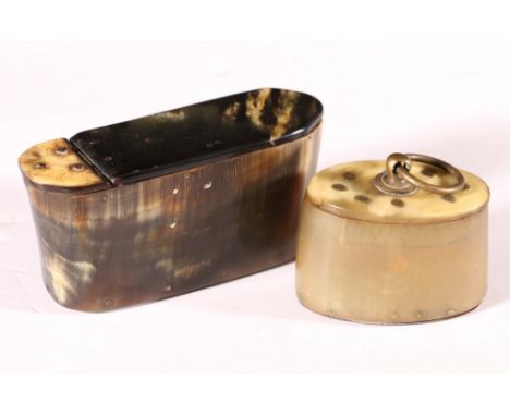 19th century horn snuff box of oval cross section, 12cm long, and a 19th century horn snuff box of oval cross section with br