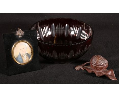 Black Forest carved wood inkstand of nut and leaf form, framed portrait miniature of Sir Walter Scott and a flash cut bowl (3