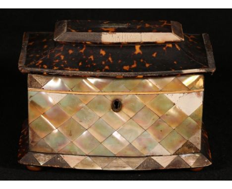 Tortoiseshell and mother of pearl tea caddy, 15cm CONDITION REPORT: Badly damaged.  Various losses to mother of pearl and tor