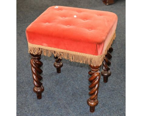 19th century rosewood stool upholstered in button salmon fabric raised on turned spiral supports
