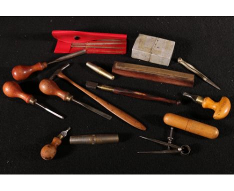 Group of vintage miniature work tools including Sharratt & Newth of London diamond cutter, hammer, sharpening block, punch se