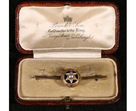 9ct gold bar brooch, blue enamel cushion centre set pearl, cased