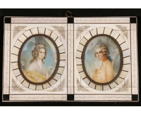 AFTER LEON VICTOR DUPRE (1816-1879) brother of Jules Dupre
Portrait miniature of a French Gentleman and Lady painted on ivory