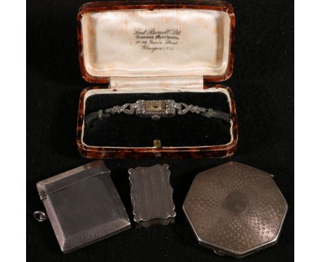 Victorian silver vinigrette with shaped border and engine-turned decoration, by ES, silver vesta case, silver 'Vogue' compact