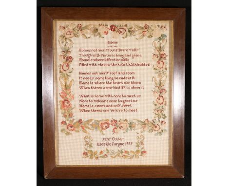 Late Victorian sampler by Jane Crocker - Mosside Forgue, 1889 framed 58cm x 44cm CONDITION REPORT: At some point this sampler