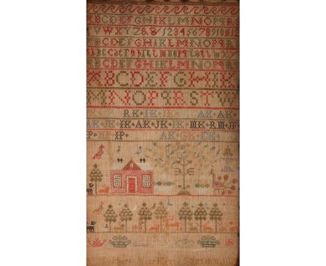 Early 19th century sampler by Mary Kerr of Kirkhope, 1820 framed 64cm x 42cm CONDITION REPORT: Discoloured
Staining around ta