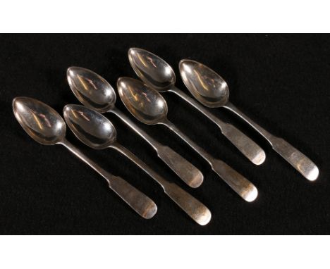 Set of six George III Scottish fiddle pattern silver teaspoons, maker A E Edinburgh 1810, 14cm long