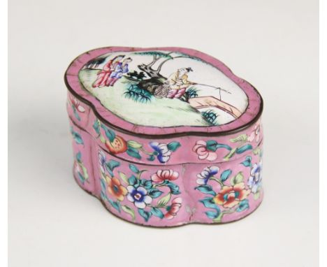 A Chinese canton enamel lozenge shaped box and cover, the cover decorated with a fisherman and two figures, the sides decorat